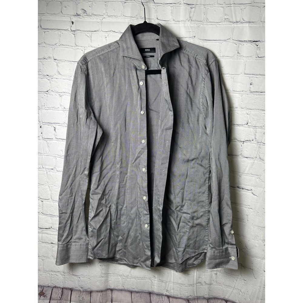 BOSS Slim Fit Gray Herringbone Dress Shirt Button-Down Collar Office Wear